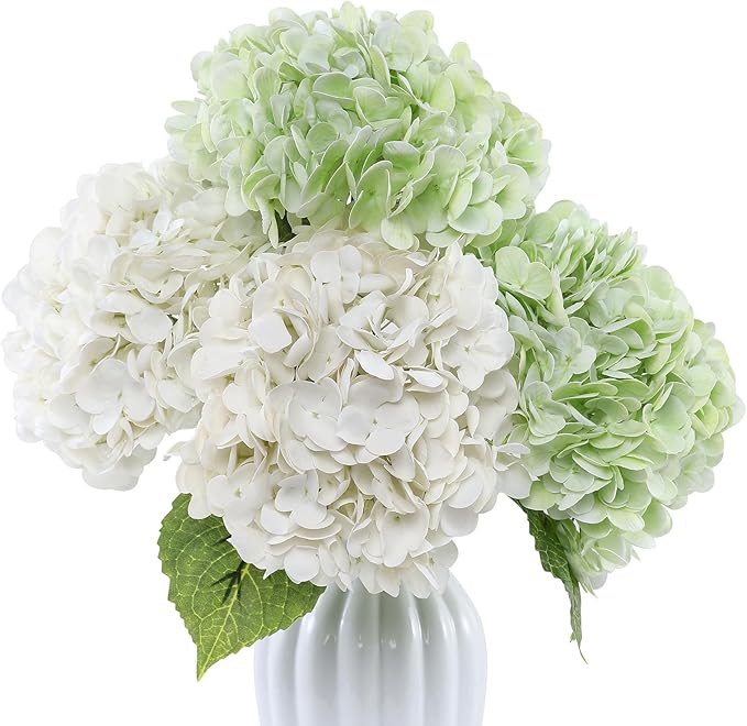 Coferset 4Pcs Hydrangea Artificial Flowers Lifelike Faux Hydrangea Real Touch Artificial Flowers for Outdoors Home Wedding Christmas Office Party Living Room Decoration,22inch(2 White+2 Light Green)