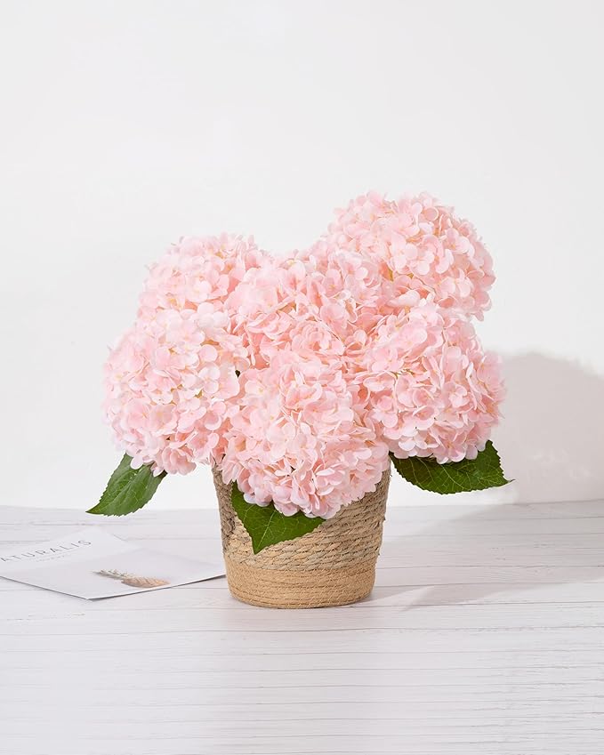 DuHouse 3Pcs Large Hydrangea Artificial Flowers,Latex Real Touch Hydrangea with Long Stems & Leaves for Home Decor Party Floral Arrangements Wedding Bouquets Centerpieces(Pink)