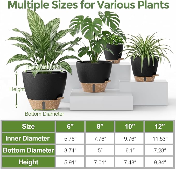 Plant Pots, 12" 10" 6" 8" Self Watering Pots with Water Level Indicator, Set of 5 Flower Pots Indoor with Drainage Holes, Modern Planters for Indoor Outdoor Plants, Room & Office Décor