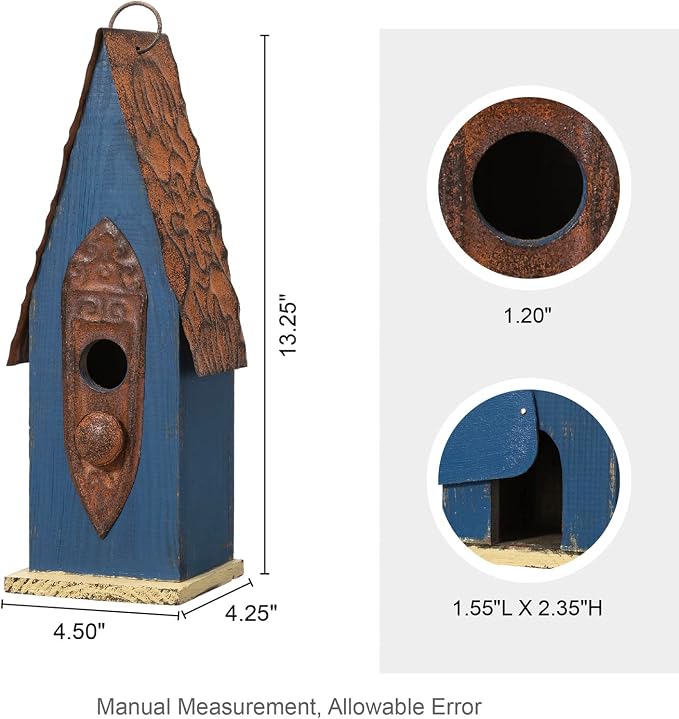 Glitzhome Bird Houses for Outside, Hanging Bird House for Outdoors, 13.25" H Retro Blue Distressed Solid Wood Pet Cottage Garden Decorative Birdhouse for Swallow Sparrow Finch Cardinals