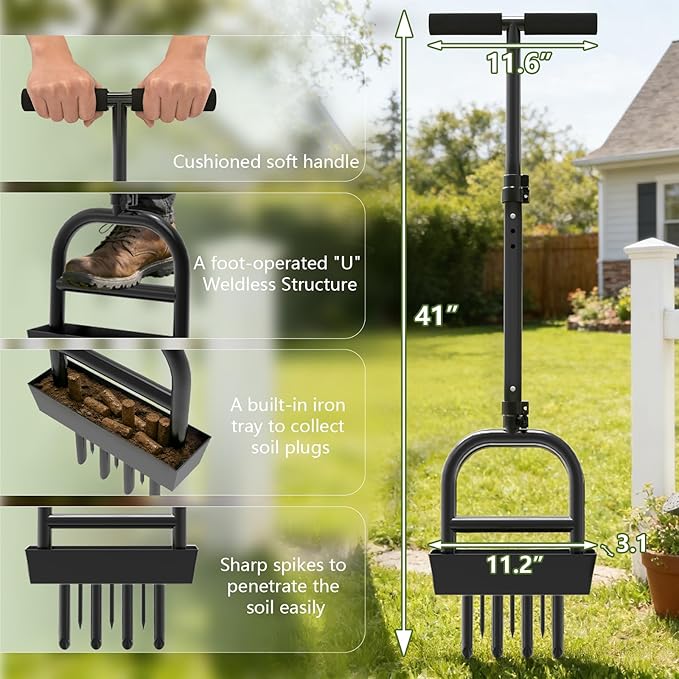 COZEER Lawn Aerator Tool with 4 Hollow Tines & 3 Spike Tines, Aerator Lawn Tool with Soil Core Storage Tray, Grass Aerator for Yard Aerator, Manual Lawn Core Aerator & Yard Aerator Garden Tool