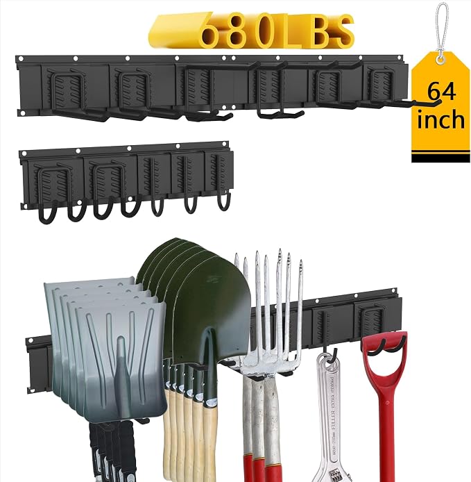 CBWLWJ Garage Tool Organizer Wall Mount, 64 inch Garage Wall Organizer, 680lbs Sturdy Garden Tool Organizer with 11 Adjustable Hooks, for Yard, Shed, Basement, Workshop(Black)