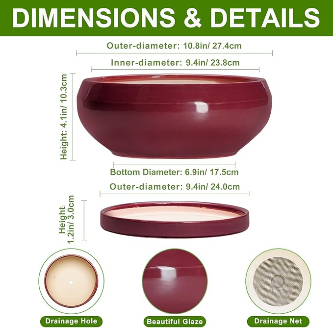 Bonsai Pots 10 Inch - Ceramic Succulent Planters for Indoor Plants Outdoor, Round Succulent Pots with Drainage Hole and Tray, Shallow Planter, Room Decor, Gifts for Plant Lovers, Wine Red