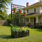 Metal Planter Box with Square Lattice Trellis, 72" X 35" Galvanized Raised Garden Bed on Locking Wheels, Deep Planter with Drainage for Climbing Plants, Flowers, Patio & Balcony, Black