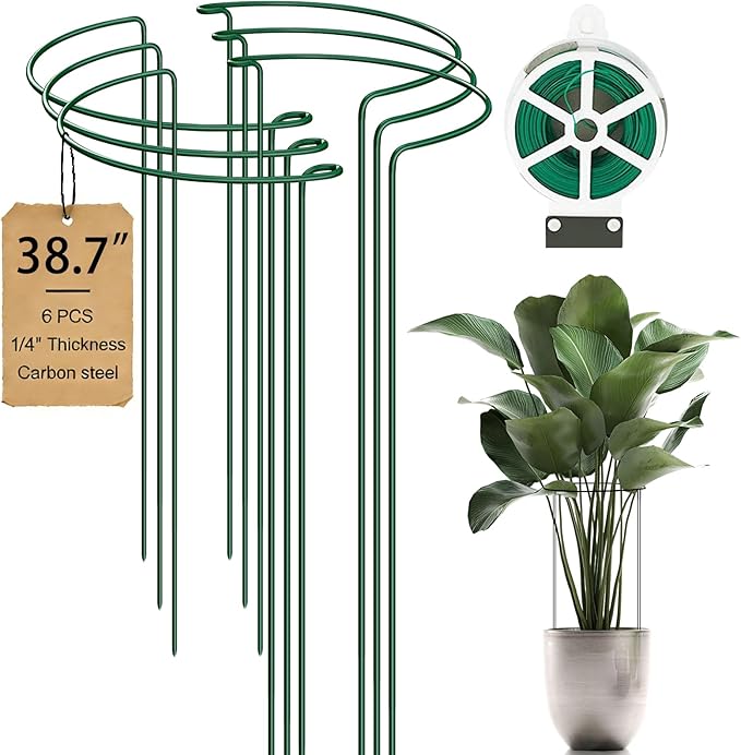 6-Pack 38.7” Plant Support Stakes, Steel Plant Cage & Peony Tomato Hydrangea Cage, Garden Stakes for Outdoor Plants, Heavy-Duty Plant Stakes, 16.7” Support + 22” Extension Tubes