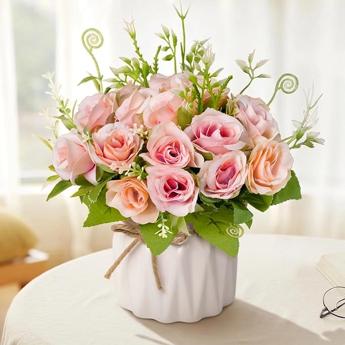 Artificial Flowers Fake Roses and Small CeramicVase,Artificial Plants & Flowers,Desktop Decoration，Suitable for Dining Tables, Living Rooms, bedrooms, Offices, Gifts, Weddings (Pink)