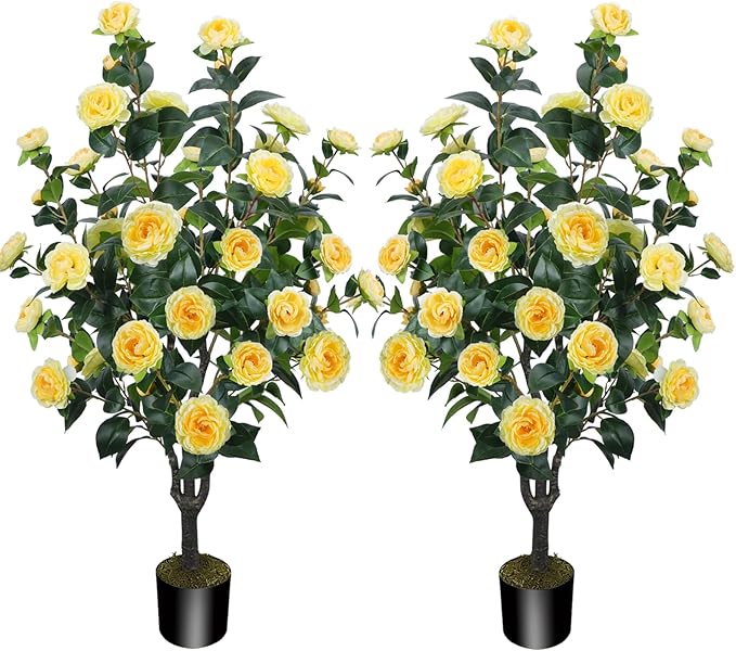3.6FT Artificial Camellia Fake Tree, Artificial Plants & Flowers with 32 Yellow Flowers for Door Front Decoration Porch Patio Living Room Office Indoor Outdoor Decor (2PCS Contains Faux Moss)