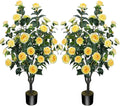 3.6FT Artificial Camellia Fake Tree, Artificial Plants & Flowers with 32 Yellow Flowers for Door Front Decoration Porch Patio Living Room Office Indoor Outdoor Decor (2PCS Contains Faux Moss)