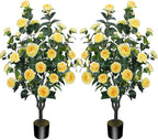 3.6FT Artificial Camellia Fake Tree, Artificial Plants & Flowers with 32 Yellow Flowers for Door Front Decoration Porch Patio Living Room Office Indoor Outdoor Decor (2PCS Contains Faux Moss)
