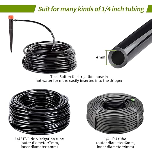 100 pcs Drip Emitters for 1/4" Drip Irrigation Tubing, Adjustable 360 Degree Water Flow Drippers for Drip Irrigation on 5" Arrow Stake for Garden Watering System Flower Plant