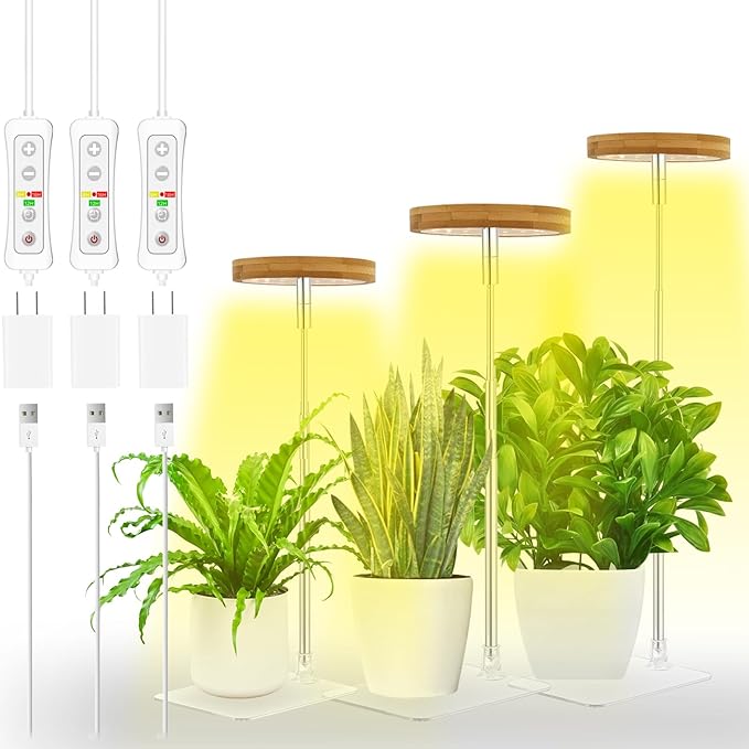 yadoker Halo Plant Grow Light,LED Growing Light with Base,Full Spectrum for Indoor Plants,Height Adjustable, Automatic Timer, 5V Low Safe Voltage,Idea for Small Plants(3 Pack)