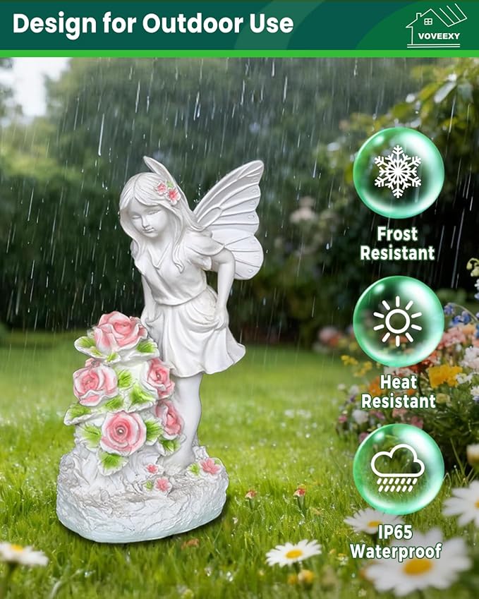 Voveexy Garden Figurines Angel Garden Statue Outdoor Decor, Solar Powered Resin Sculpture with 5 LEDs Art Decoration for Patio Lawn Yard Porch, Ornament Housewarming Gift, 11“ H