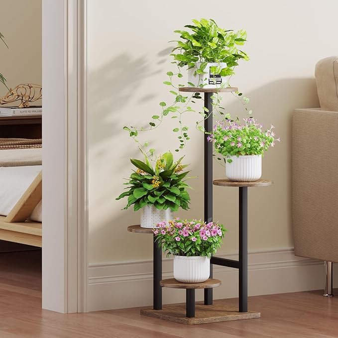 Homsorout Plant Stand Indoor with Grow Light,4-Tiered Tall Plant Stand Indoor, Metal Plant Shelf with Adjustable Light, Ideal for Living Room, Garden, Patio (Black Brown)