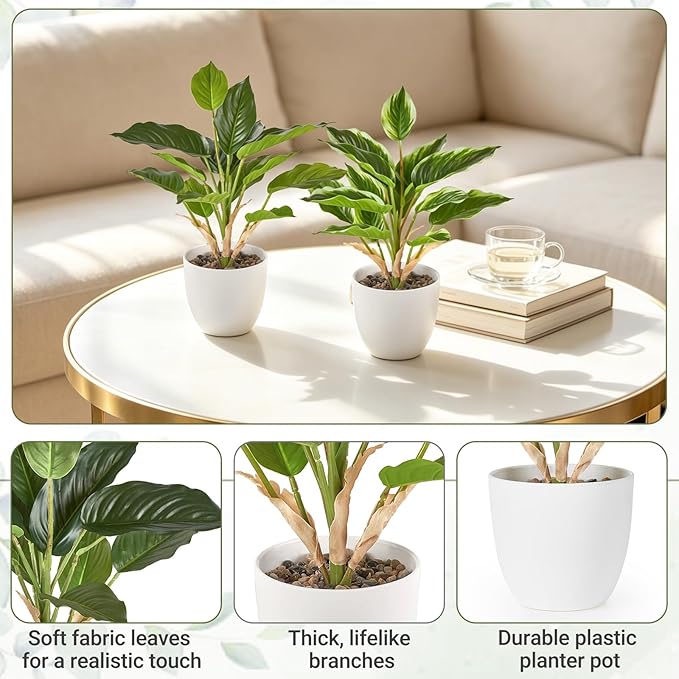 Mkono 2 Pack Fake Plants in Pot, 11" Potted Artificial Plants for Home Decor Indoor Faux Green Leaf Plant with Modern White Planter for Desk Shelf Office Room Decoration (Pothos)