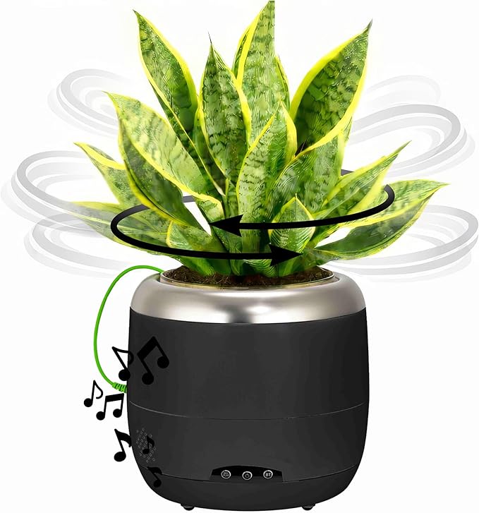 PLANTPETZ Extra Large Robotic Planter – Smart Planter Fits 6 Inch Pots | Bluetooth Speaker | Interactive Smart Plant Pot Turns A Real Plant Into a Touch/Motion Responsive Companion - Charcoal