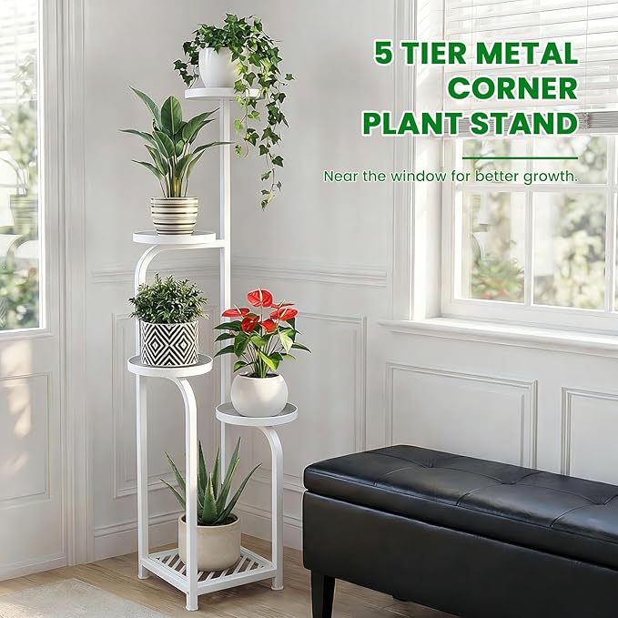 TOSKING 5 Tier Tall Plant Stand Indoor Outdoor,Anti-Tip Plant Stand indoor, Wide Base for Pots, Child and Pet Friendly,Heavy Duty Corner Shelf for Plants & Decor, Space Saving ,Tiered Metal Flower Pot Stand for Balcony, Garden, Living Room, Patio (Whit...