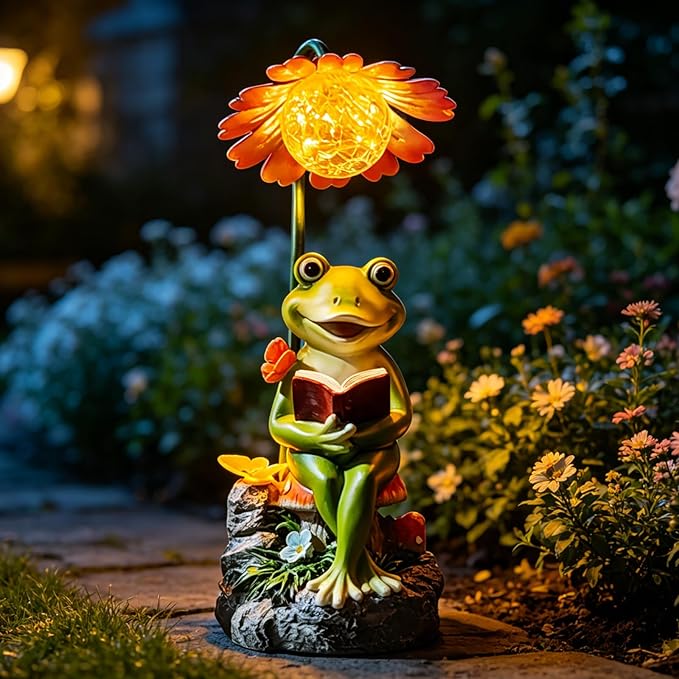 COWOS Solar-Powered Frog Garden Statue with Glowing Flower Light, Miniature Resin Figurine for Outdoor Patio, Yard, Lawn Decor