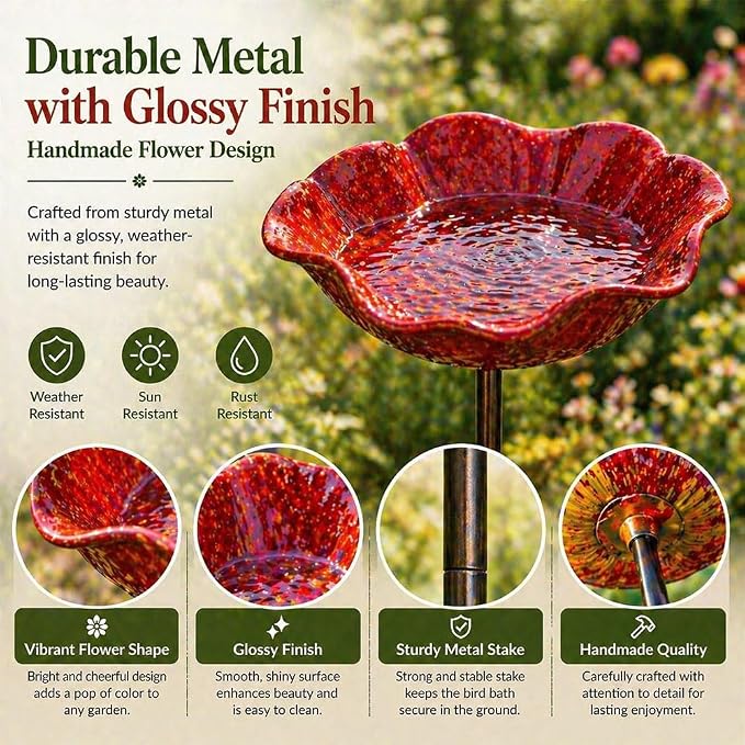 Handmade Metal Flower Garden Stake Metal, Decorative Bird Bath and Bee Watering Station with Flower Design for Outdoor Yard Garden Decor (Orange)