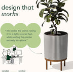 Veradek Demi Series Round Planter w/ Stand for Porch/Patio | Durable Plastic-Concrete & Wooden Stand | Modern Décor for Tall Plants, Flowers