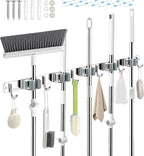 5 Racks and 6 Hooks Mop and Broom Holder Wall Mount, 304 Stainless Steel Broom Hanger Organizer for Home Kitchen Garden Laundry Garage
