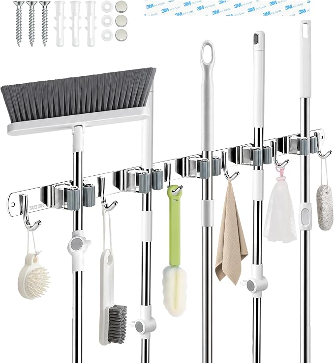 5 Racks and 6 Hooks Mop and Broom Holder Wall Mount, 304 Stainless Steel Broom Hanger Organizer for Home Kitchen Garden Laundry Garage