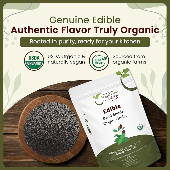 Organic Way Edible Basil Seeds | Organic & Kosher Certified | Sabja Seeds Rich in Fibers | Raw, Vegan, Non GMO & Gluten Free | USDA Certified | Origin - India (4 Ounce Pack)
