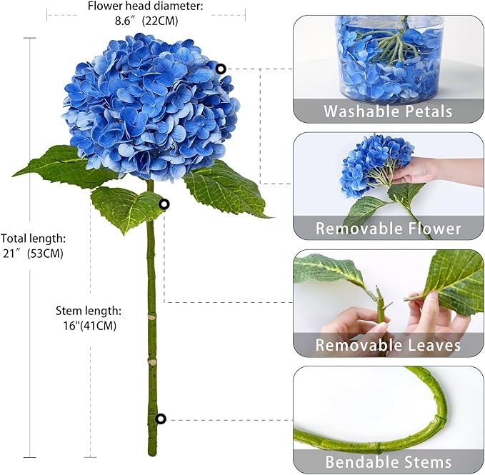 ZYTUYO 3 PCS Dark Blue Hydrangea Real Touch Artificial Flowers 21'' Latex Large Hydrangea with Long Stems for Wedding Table Centerpieces Indoor Kitchen Spring Home Decor Outdoor Porch