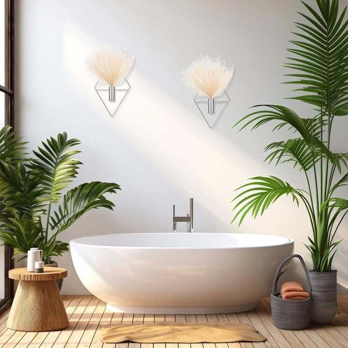 Canlierr 2 Pieces Wall Decor Hanging Planters with Artificial Plants Metal Hanging Vase Indoor Plants Holder Modern Boho Wall Art for Bathroom Bedroom Living Room Decor(Silver,Pampas Grass)