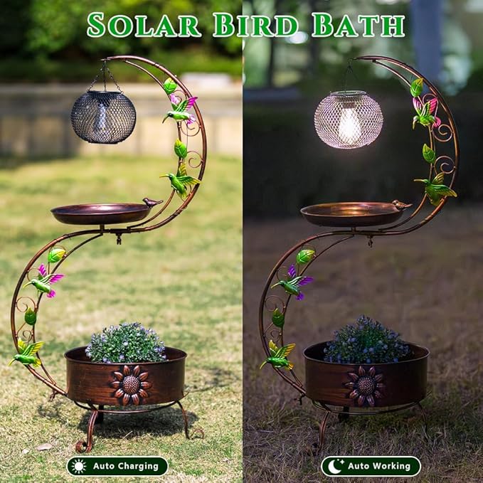 DREAMSOUL Solar Bird Bath with Solar Lantern, Vintage Copper Birdbath Flower Planter Metal Bird Bath for Outside Garden Yard