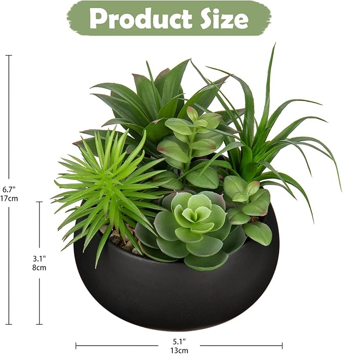 Hollyone Fake Plants Artificial Succulents in Pots Faux Succulent Arrangement Potted Plant in Black Ceramic Planter Bowl for Home Decor Office Desk Bathroom Shelf Living Room Indoor Decorations