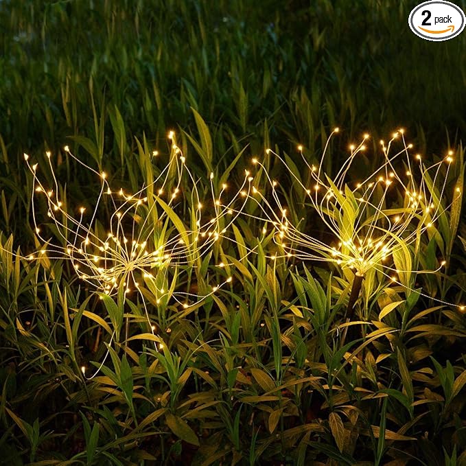 Christmas Outdoor Garden Decorative Lights, Solar Firework Lights 105 LED Powered 35 Copper Wires, DIY Flowers Fireworks Stars for Walkway Pathway Backyard Christmas Party Decor (Warm White 2 Pack)