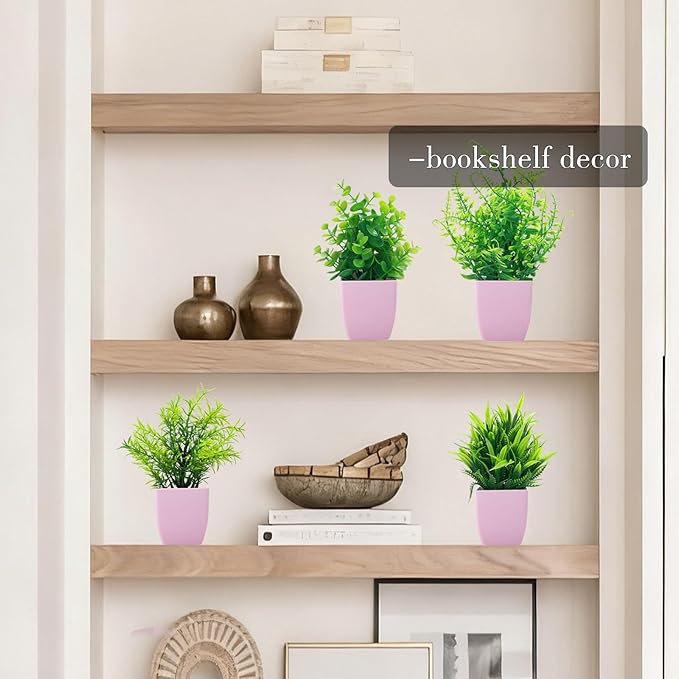 GREENTIME 4 Pack Fake Plants in Pink Pot Mini Artificial Eucalyptus Potted Plant Small Faux Grass Greenery Potted for Indoor Home Office Farmhouse Bathroom Table Decoration