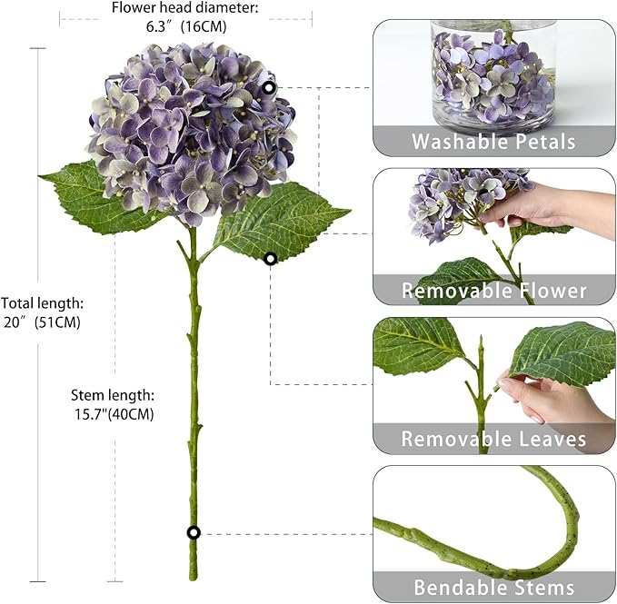 ZYTUYO 4 Pcs 20'' Gray Purple Real Touch Hydrangea Artificial Flowers Vintage Lifelike Latex Hydrangeas Long Stem for Boho Home Decor Porch Outdoor Wedding Kitchen Xmas Table Centrepiece