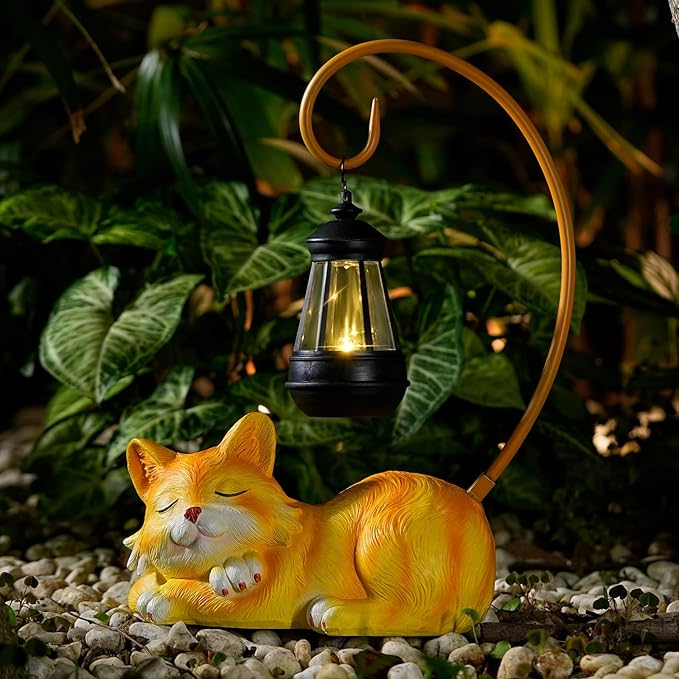 WSgift Outdoor Cat Figurine Garden Statue with Solar-Powered LED Light 13.77 Inches Tall Gift Garden Statue Decor for Cat Lovers Yellow