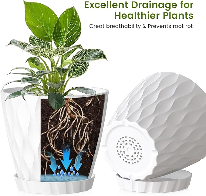 UOUZ 8 Inch Plant Pots, 2 Pack Plastic Planters for Indoor Outdoor with Drainage Holes & Saucers, Waffle Texture Flower Pots for Indoor Plants, Indoor Plant Pots for Monstera, Fiddle Leaf Fig, White