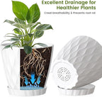 UOUZ 8 Inch Plant Pots, 2 Pack Plastic Planters for Indoor Outdoor with Drainage Holes & Saucers, Waffle Texture Flower Pots for Indoor Plants, Indoor Plant Pots for Monstera, Fiddle Leaf Fig, White