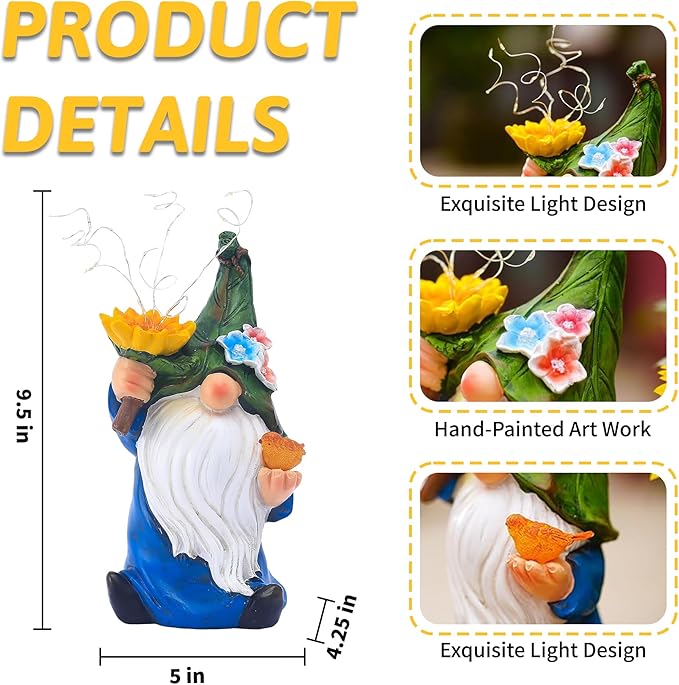 Outdoor Garden Gnomes Statue: 9.5‘’ Solar Garden Decor with LED Light Patio Yard Lawn Funny Decoration Housewarming Birthday Gifts for Women