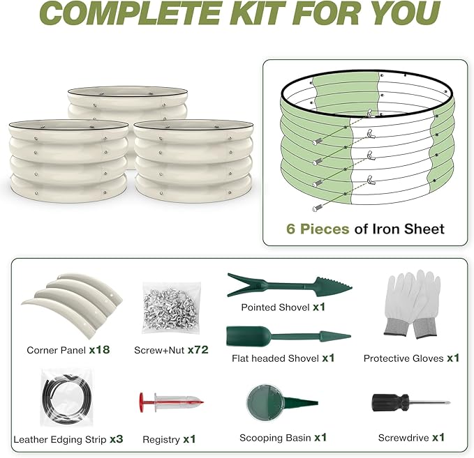 SHALL 8PC Galvanized Raised Garden Bed Kit, 3Pc 2x2x1ft Round Planter Boxes Outdoor W/Mini Seed Spreader, Disk Seeder, 2X Seeding Transplanters, Protective Gloves for Flowers Fruits Vegetables Herbs
