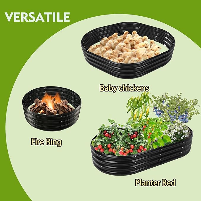 YSEJOMP 5X2.7X1 FT Oval Galvanized Metal Garden Raised Bed/Plant Box for Planting,32 Inches Diameter Iron Fire Pit Ring,Small Animal Fence-3 in 1 Modular Design in Black (Black, 60X32X11.5 Inches)
