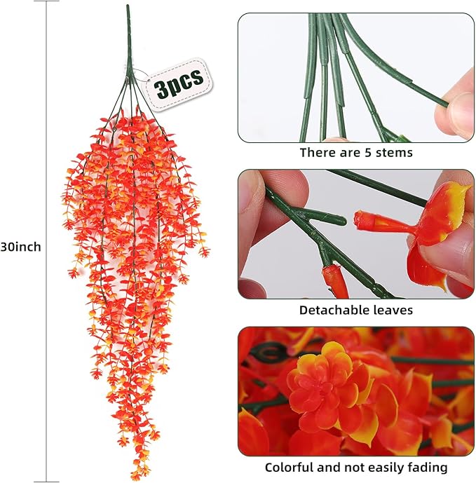 RECUTMS Artificial Hanging Plants Fall Faux Eucalyptus Leaf Fake Hanging Plants Fall Hanging Vines Artificial Flowers Faux Autumn Plants for Thanksgiving Indoor Outdoor House Wedding Party(Gold)