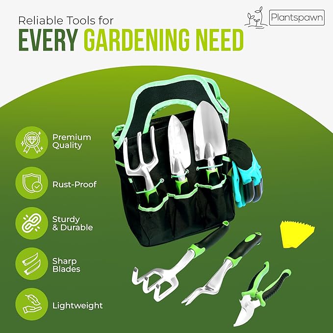 8 PCS Gardening Tools Set with Bag | Heavy-Duty Rust-Proof Hand Tools, Plastic Handles, 15 Plant Tags Included | Garden Tools, Gardening Essentials, Garden Supplies Gift for Men, Women & Gardeners