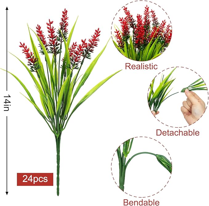 Bassion 24 Bundles Artificial Flowers for Outdoors, Fake Lavender Flowers with Monkey Grass UV Resistant Plastic Faux Plants for Outside Hanging Planter Window Box Garden Patio Front Porch Home Decor