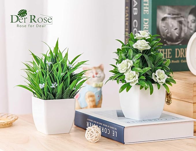 Der Rose 4 Pack Fake Plants Small Artificial Potted Faux Plants with Flowers for Home Bathroom Living Room Office Decor Indoor