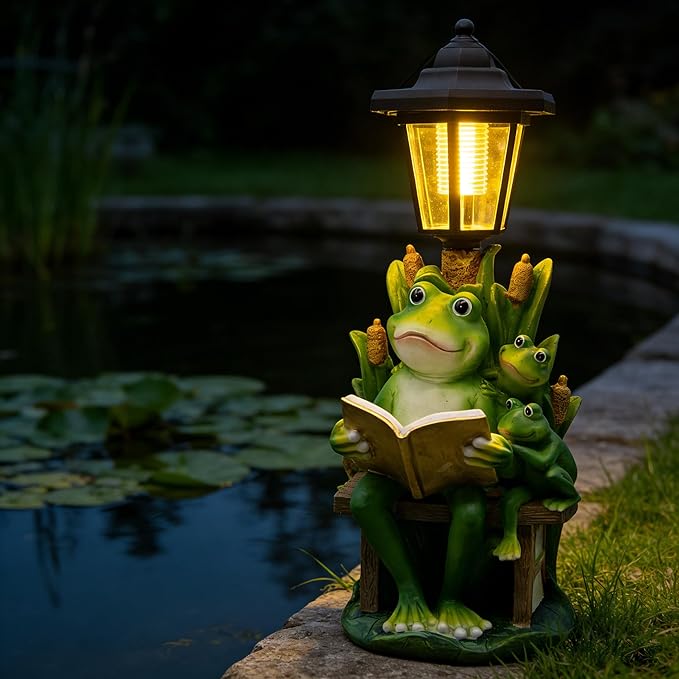 Solar Frog Garden Statue for Outdoor Decor with Lantern - Lawn Decoration 16“ Tall Frog Figurine Lights for Patio, Yard, Porch Ornament - Valentine's Day Gifts for Mom, Grandma, Women