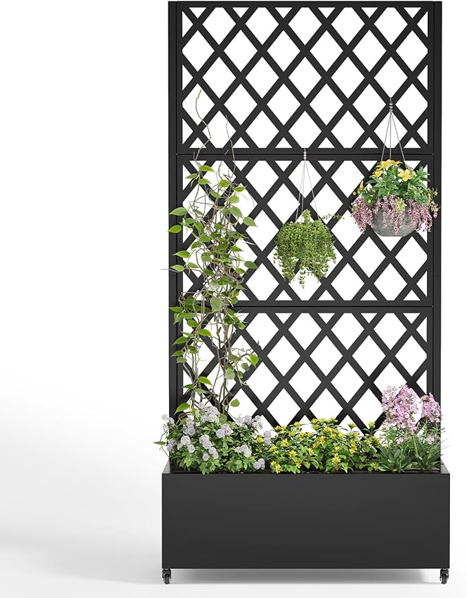 Metal Planter Box with Trellis,72"x35"x15",Galvanized Raised Garden Bed Trellis Outdoor Planter with Privacy Screen & Wheels and Drainage Holes,for Patio Climbing Vegetables,Flowers,Vines,Black