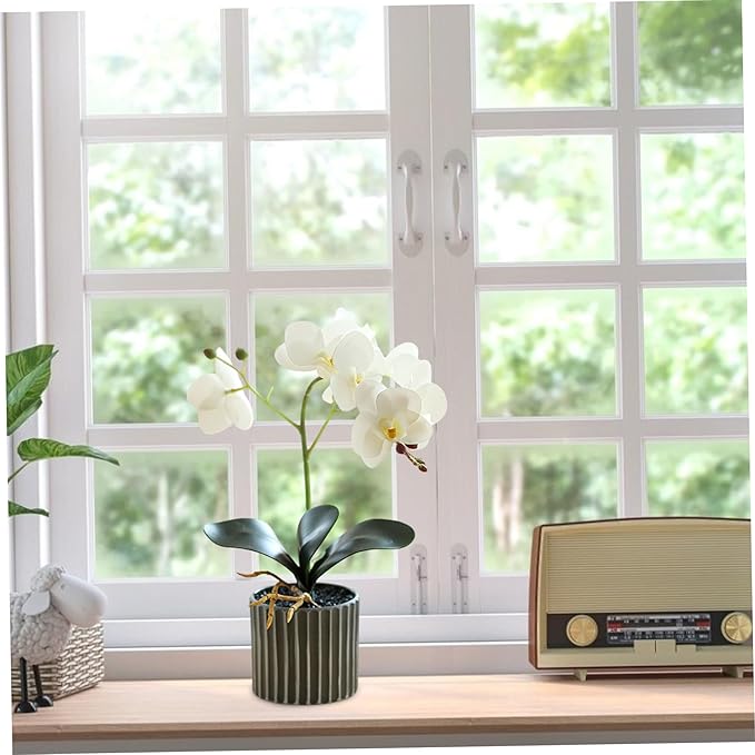 Artificial Orchid 12.6 Inch Tall Realistic Faux Orchid in A Pot Real Touch Decorative Bonsai Fake Flowers for Table Centerpieces Living Room Home Decor White