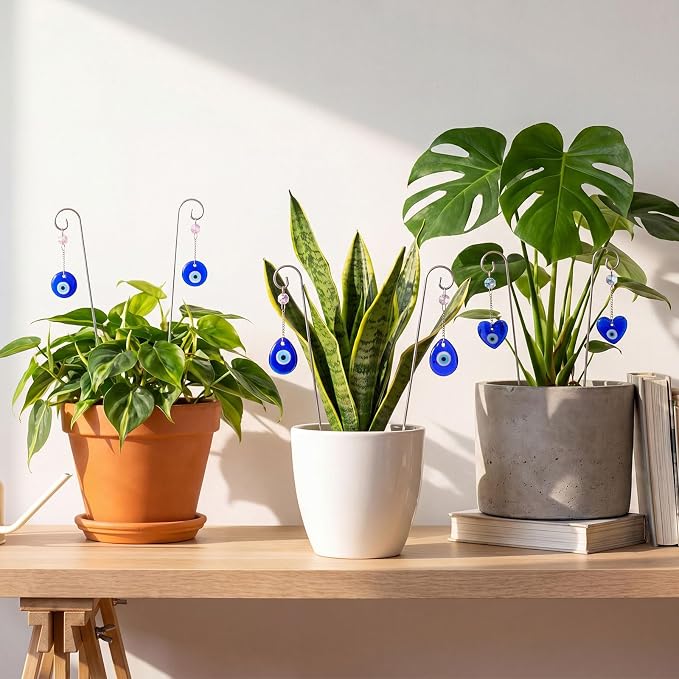 6 Pack Plant Trellis for Potted Plants with Evil Eye Glass Suncatcher 11.81 inch Metal Plant Stake for Indoor Outdoor Garden Suncatchers Decorations