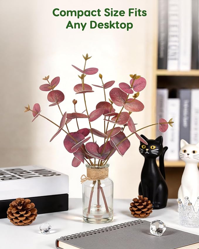 Velener Faux Eucalyptus Stems in Vase with Faux Water, Fake Plants Artificial Eucalyptus Plant for Home Decor, Kitchen Bathroom Farmhouse Living Room Coffee Table Faux Centerpieces for Tables (Red)