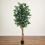 Nearly Natural 74in Artificial Triple Trunk Ficus Tree, Faux Greenery with Natural Wood Trunks for Indoor Home Decor
