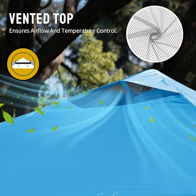 Crown Shades 10x10 Pop Up Canopy - Beach Tent with One Push Setup - Outdoor Sun Shade for Events, Parties, Camping - Gazebo with STO-N-Go Cover Bag, Silver Coated Top, 3 Height& 4 Sand Bags, Sky Blue
